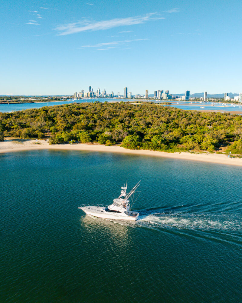 A white yacht sails near a sandy shoreline with dense green trees, leaving a wake in the blue water. In the background, a city skyline rises under a clear blue sky.