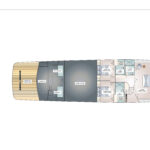 Diagram of the lower deck layout of a yacht named "Shore Thing," showing rooms such as crew cabins, guest cabins, and storage. A small side view illustration of the yellow yacht appears on the left.