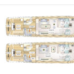 Yacht main deck layout with two floor plans showing various rooms and areas, including bedrooms, bathrooms, lounge, dining area, and decks; side view illustration of the yacht appears on the left.