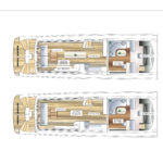Yacht deck plan labeled “Upper Deck” showing two layouts with lounge, dining area, galley, and bathrooms. Small yacht side view on the left; text “SHORE THING” in upper left corner.