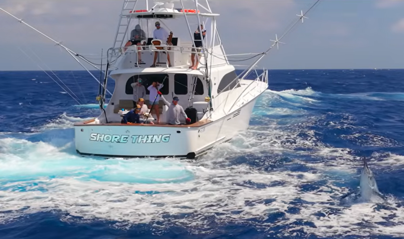A white sportfishing boat named "Shore Thing" is on bright blue ocean water with several people aboard. A large fish, possibly a marlin, leaps out of the water near the boat.