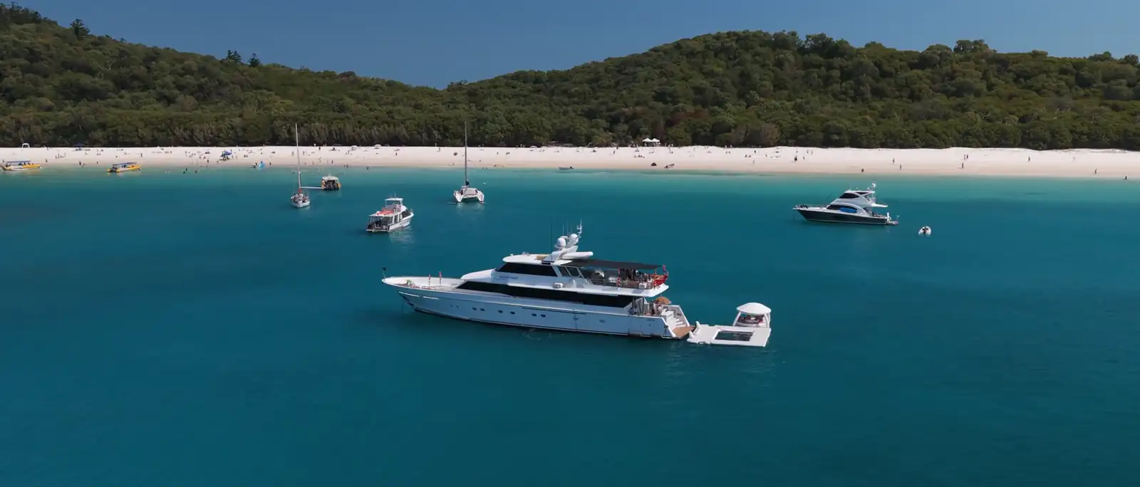 Several yachts and boats float on clear blue water near a white sandy beach with lush green trees in the background under a clear sky.
